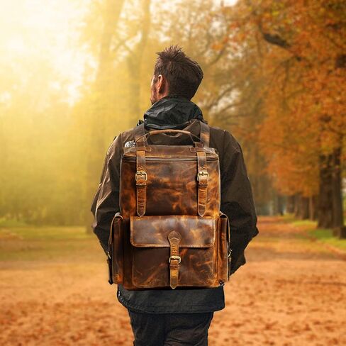 Gratlin Buffalo Leather Backpack for Men & Women | Multi Pocket Laptop Backpack | Vintage Brown Leather Rucksack for Travel & Trekking in Saudi Arabia