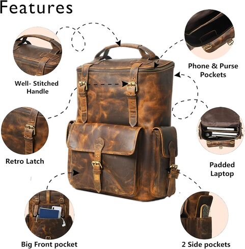 Gratlin Buffalo Leather Backpack for Men & Women | Multi Pocket Laptop Backpack | Vintage Brown Leather Rucksack for Travel & Trekking in Saudi Arabia