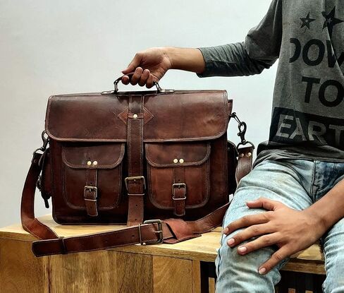 VC 18 Inch Vintage Handmade Leather Messenger Bag Laptop Briefcase Computer Satchel Bag for Men in Kuwait