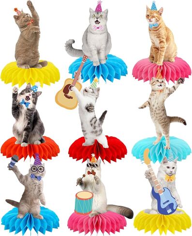 مجموعة من 9 قطع من قطع مركزية على شكل قرص العسل للقطط الممتعة، طبول راقصة، جيتار جميل، زخرفة طاولة على شكل قطة لمستلزمات استحمام الطفل في حفلات أعياد الميلاد (الأصفر والأزرق والبرتقالي والوردي والأحمر) in Kuwait