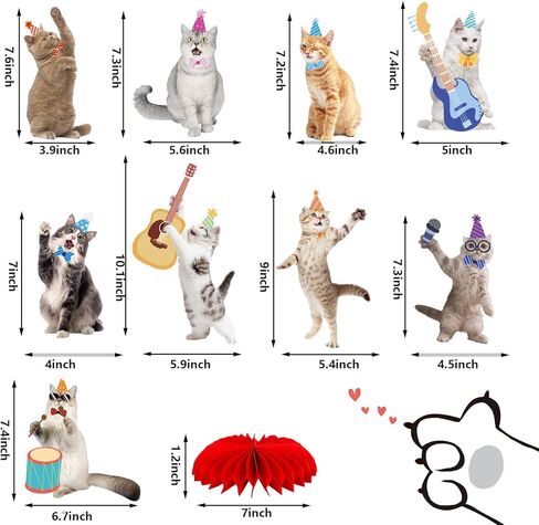 مجموعة من 9 قطع من قطع مركزية على شكل قرص العسل للقطط الممتعة، طبول راقصة، جيتار جميل، زخرفة طاولة على شكل قطة لمستلزمات استحمام الطفل في حفلات أعياد الميلاد (الأصفر والأزرق والبرتقالي والوردي والأحمر) in Kuwait