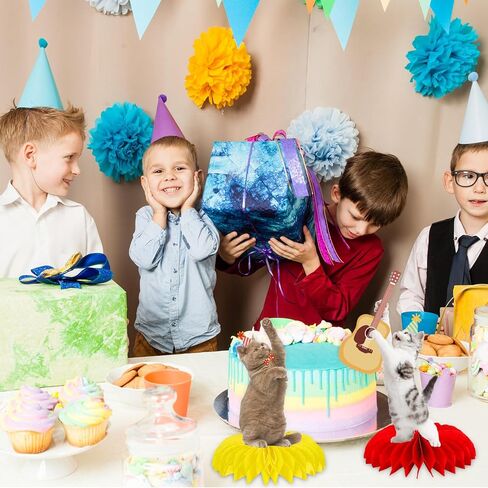 مجموعة من 9 قطع من قطع مركزية على شكل قرص العسل للقطط الممتعة، طبول راقصة، جيتار جميل، زخرفة طاولة على شكل قطة لمستلزمات استحمام الطفل في حفلات أعياد الميلاد (الأصفر والأزرق والبرتقالي والوردي والأحمر) in Kuwait