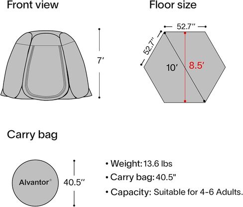 Alvantor 10' x 10' Hexagon Pop Up Sun Shade Canopy - Ventilated Mesh Walls, Perfect for Camping, Beach, Events, and Outdoor Party Decorations, All-Season Shelter (Not Waterproof) in Saudi Arabia
