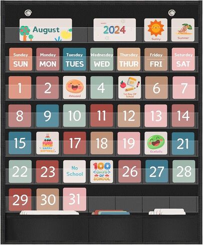 Classroom Calendar Pocket Chart 30 x 24 inches with 111 Cards and 2 Metal Hooks Home School Teacher Supplies Kindergarten Preschool for Classroom Must Haves Decorations in Kuwait