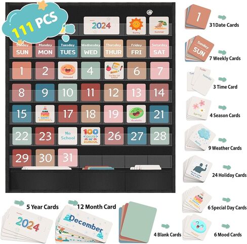 Classroom Calendar Pocket Chart 30 x 24 inches with 111 Cards and 2 Metal Hooks Home School Teacher Supplies Kindergarten Preschool for Classroom Must Haves Decorations in Kuwait