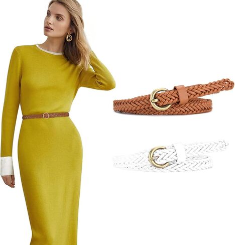 2 Pack Skinny Thin Braided Belts for Women Dresses Woven Waist Belts for Jeans in Saudi Arabia