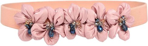 Womens Slim Elastic Waist Belt Thin Narrow Stretch Chiffon Flower with Crystal Elegant Sweet Corset for Dresses in Saudi Arabia
