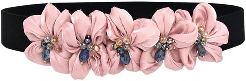 Womens Slim Elastic Waist Belt Thin Narrow Stretch Chiffon Flower with Crystal Elegant Sweet Corset for Dresses in Saudi Arabia