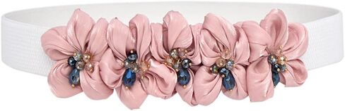 Womens Slim Elastic Waist Belt Thin Narrow Stretch Chiffon Flower with Crystal Elegant Sweet Corset for Dresses in Saudi Arabia