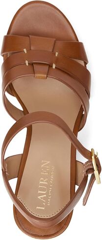 صندل لورين رالف لورين بكعب صوفيا للنساء - جزء علوي من الجلد بأشرطة - نعل داخلي مبطن - كعب مكدس عميق سرج تان 9.5 B - متوسط in Kuwait