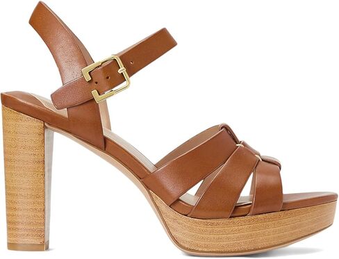صندل لورين رالف لورين بكعب صوفيا للنساء - جزء علوي من الجلد بأشرطة - نعل داخلي مبطن - كعب مكدس عميق سرج تان 9.5 B - متوسط in Kuwait
