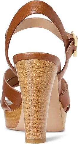 صندل لورين رالف لورين بكعب صوفيا للنساء - جزء علوي من الجلد بأشرطة - نعل داخلي مبطن - كعب مكدس عميق سرج تان 9.5 B - متوسط in Kuwait