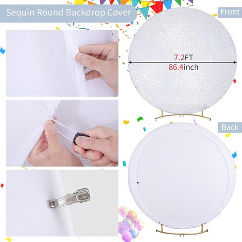 Silver Sequin Round Backdrop Cover 7.2ft Glitter Circle Backdrop Cover Sparkle Photo Backdrop for Birthday Party Baby Shower Wedding Prom Photography Background with 4 Clips in Kuwait