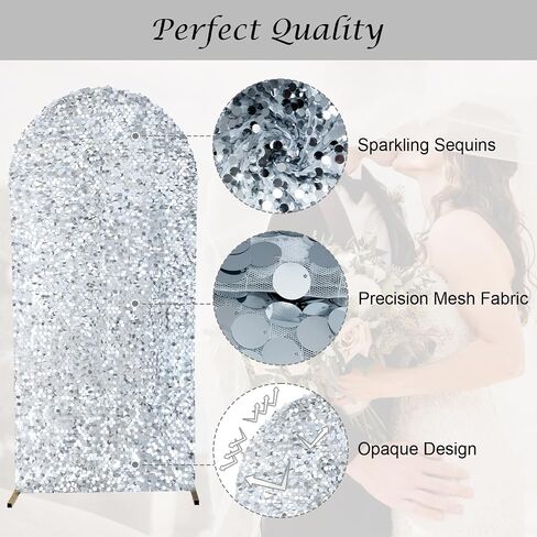 SaitiMade 7.2 FT Silver Bling Sequin Arch Backdrop Cover | Wedding Arch Stand Cover, Round Top Fitted Chiara Backdrop Cover for Birthday Party Ceremony Baby Shower Banquet Decoration in Saudi Arabia