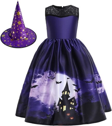 MYRISAM Kids Girls Halloween Costume Dress w/Witch Hat Ghost Pumpkin Skull Printed Fancy Dress Up Cosplay Party Outfits in Kuwait