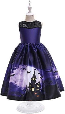 MYRISAM Kids Girls Halloween Costume Dress w/Witch Hat Ghost Pumpkin Skull Printed Fancy Dress Up Cosplay Party Outfits in Kuwait
