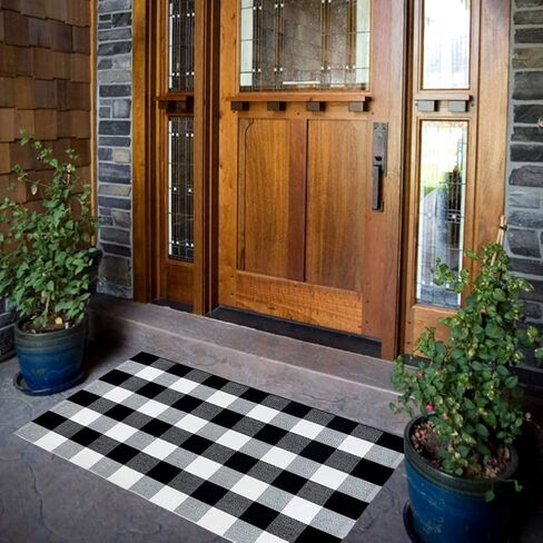 Buffalo Plaid Rug 2 x 3 ft Black White Checkered Door Mats for Entry Way, Front Porch, Kitchen, Farmhouse Carpet Cotton Washable Hand Woven Outdoor Rug in Saudi Arabia