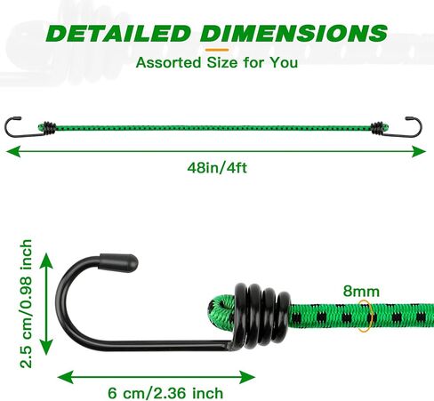 RIO Direct Bungee Cords with Hooks 48 Inch - Green Bungee Cords Heavy Duty Outdoor - Assorted Sizes Elastic Bungee Straps for Camping, Luggage, Cargo, Bike Rack, Tarps, Tents, Roof Rack - 4 Pack in Saudi Arabia