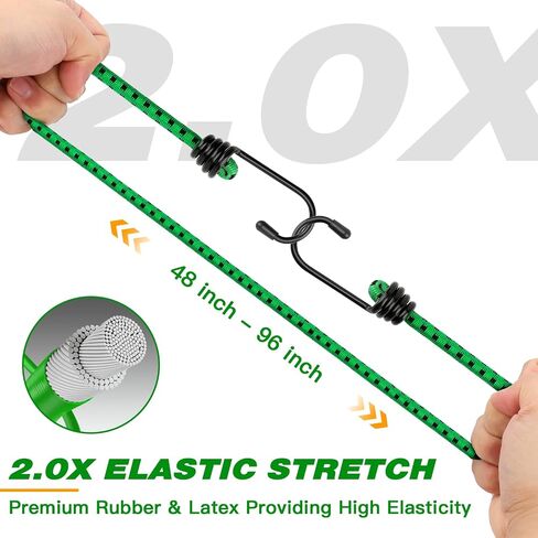 RIO Direct Bungee Cords with Hooks 48 Inch - Green Bungee Cords Heavy Duty Outdoor - Assorted Sizes Elastic Bungee Straps for Camping, Luggage, Cargo, Bike Rack, Tarps, Tents, Roof Rack - 4 Pack in Saudi Arabia