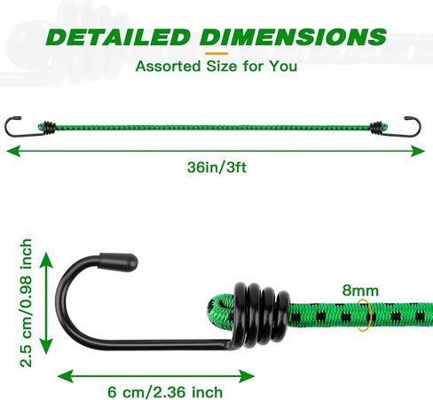 RIO Direct Bungee Cords with Hooks 48 Inch - Green Bungee Cords Heavy Duty Outdoor - Assorted Sizes Elastic Bungee Straps for Camping, Luggage, Cargo, Bike Rack, Tarps, Tents, Roof Rack - 4 Pack in Saudi Arabia