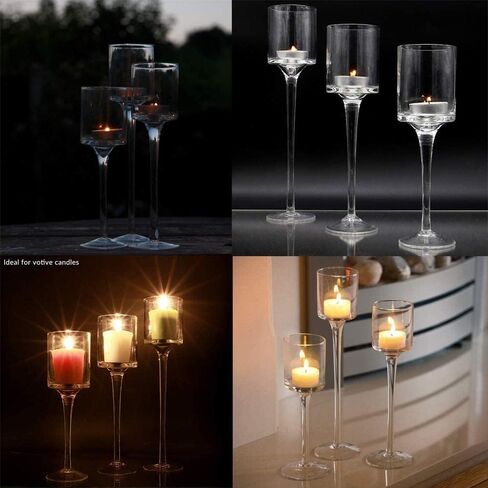 مجموعة سوهابي مكونة من 3 حوامل شموع زجاجية طويلة أنيقة، حامل شموع من الزجاج الشفاف، مثالية لتناول الطعام، وحفلات الزفاف، والحفلات، والمنزل، وديكور عيد الحب - أحجام مختلفة (3) in Kuwait