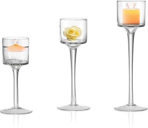 مجموعة سوهابي مكونة من 3 حوامل شموع زجاجية طويلة أنيقة، حامل شموع من الزجاج الشفاف، مثالية لتناول الطعام، وحفلات الزفاف، والحفلات، والمنزل، وديكور عيد الحب - أحجام مختلفة (3) in Kuwait