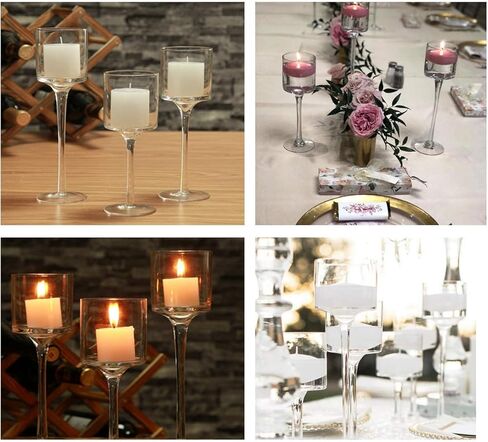 مجموعة سوهابي مكونة من 3 حوامل شموع زجاجية طويلة أنيقة، حامل شموع من الزجاج الشفاف، مثالية لتناول الطعام، وحفلات الزفاف، والحفلات، والمنزل، وديكور عيد الحب - أحجام مختلفة (3) in Kuwait