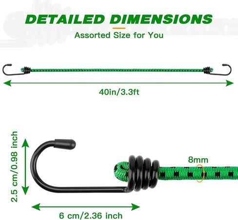 RIO Direct Bungee Cords with Hooks 48 Inch - Green Bungee Cords Heavy Duty Outdoor - Assorted Sizes Elastic Bungee Straps for Camping, Luggage, Cargo, Bike Rack, Tarps, Tents, Roof Rack - 4 Pack in Saudi Arabia