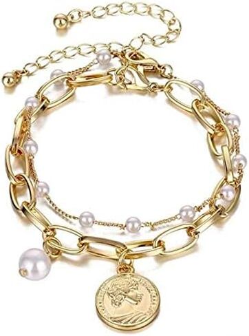 Women's Vintage Dual Layer Pearl Charm Metal Bracelet in Saudi Arabia