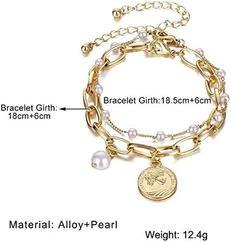 Women's Vintage Dual Layer Pearl Charm Metal Bracelet in Saudi Arabia
