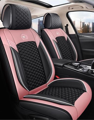 أغطية مقاعد السيارة الجلدية المريحة 5 مقاعد مجموعة كاملة تناسب الجميع (أسود ووردي) in Kuwait