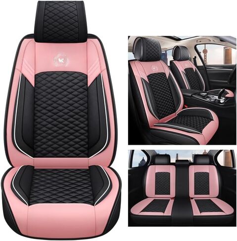 أغطية مقاعد السيارة الجلدية المريحة 5 مقاعد مجموعة كاملة تناسب الجميع (أسود ووردي) in Kuwait