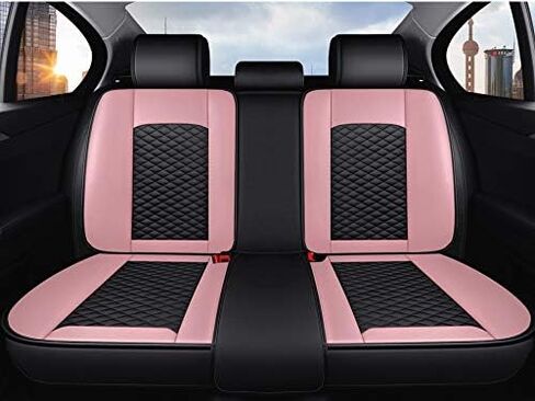 أغطية مقاعد السيارة الجلدية المريحة 5 مقاعد مجموعة كاملة تناسب الجميع (أسود ووردي) in Kuwait