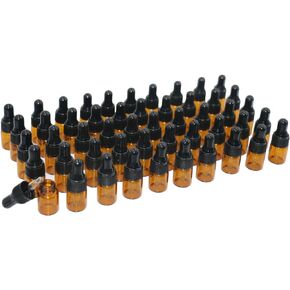 50Pcs 2ml Amber Glass Dropping Bottles Mini Essential Oil Dropper Bottles Empty Travel Perfume Sample Vials Containers with Glass Eye Dropper and Cap in Box(2 Droppers Included)