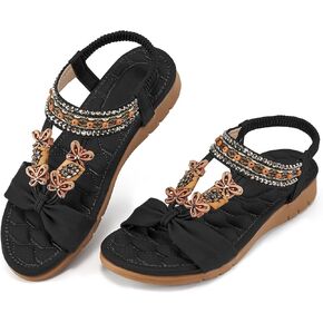Aomigoct Sandals Women Dressy Summer Flat: Casual Open Toe Womens Flat Sandals Elastic Ankle Strap Bohemian Beach Flat Shoes for Women