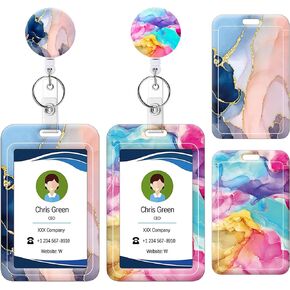 Badge Holder Retractable Badge Reel with Belt Clip, Vertical ID Name Card Badge Holder Case, Nurse Doctor Office School Teacher Name Credit Card Pocket(1P Pretty Marble)