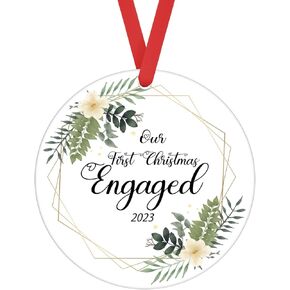 TRAMIN Our First Christmas Engaged 2023, Engagement Gifts for Couples Newly Engaged Unique, Engagement Ornament 2023, Circle Ceramic Ornament - Best Gifts for Christmas…