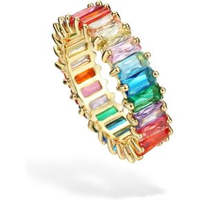 Eternity Rainbow Ring Band Ring for Women Girls 18K Gold Plated Baguette Multicolor Cubic Zirconia Eternity Ring
