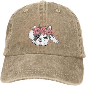 French Bulldog Dog Flower Distressed Adjustable Washed Denim Mens Dad Trucker Hat Baseball Ball Cap for Men