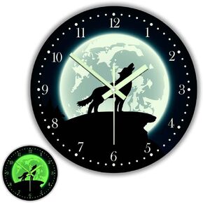Glow in The Dark Wall Clock, Howling Wolf with Moon 12inch Modern Luminous Silent Clock, Battery Operated Quartz Wildlife Animal Grey Wolf Acrylic Round Watch Man Cave Decor