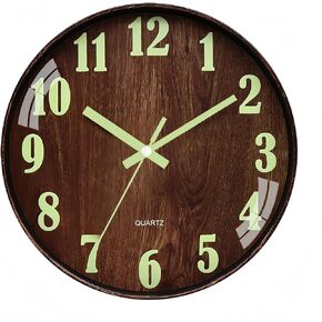Silent Round Luminous Wall Clock 12 Inch Modern Style Non-Ticking Decorative Bedroom Office Study Room Kitchen Glass Wall Clock-Brown