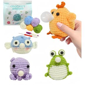 Hylvix Crochet Kit for Beginners, 4 Pattern Crochet Blow Bubbles Animals Knitting Kit, Beginner Crochet Kit for Adults Kids with Step-by-Step Video Tutorials and Yarns, Hook, Accessories