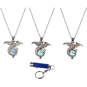 Majestic Medieval Dragon Glow in The Dark Necklaces Set of 3 Luminous Jewelry Green Blue & Sky Blue Includes UV Light
