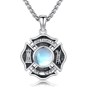 Moonstone Firefighter Necklace 925 Sterling Silver Fire Dept Pendant Necklace Firefighter Moonstone Protector Jewelry Gifts for Men Fathers Day