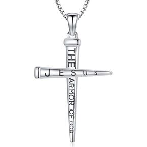 Nail Cross Necklace 925 Sterling Silver Christian Jesus Cross Pendant Religious Amulet Protection Jewelry Cross Gifts for Men The Armor of God Jesus