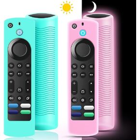 قطعتان من أغطية جهاز التحكم عن بعد OneBom متوافقة مع جهاز التحكم عن بعد Toshiba وInsignia FireTV، حافظة من السيليكون تتوهج في الظلام لجهاز التحكم عن بعد CTRC1US21 NS-RCFNA-21 (أزرق متوهج ووردي متوهج)