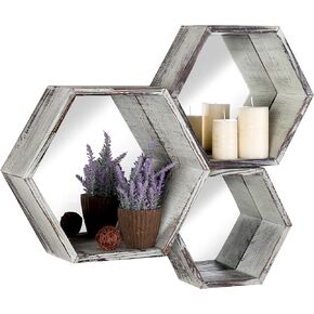 MyGift Wall Mounted Floating Shelves, Solid Torched Wood Hexagon Display Shelf Wall Decor with Mirrored Backing, 3 Piece Set