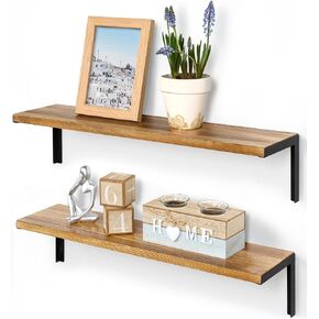 Afuly Long Floating Shelves for Wall, 24 Inch Storage Shelves for Bedroom Living Room Kitchen, Wall Mounted Large Shelf for Book Plant Display Organizer, Natural Rustic Home Decor Solid Wood