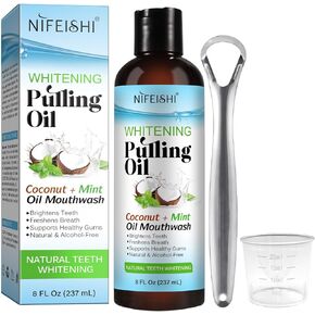 Coconut Pulling Oil (8 Fl.Oz), Mint Oil Pulling Mouthwash with Tongue Scraper, Natural Alcohol Free Mouthwash Teeth Whitening & Gum Health, Fresh Breath, Coconut Oil Pulling for Healthier