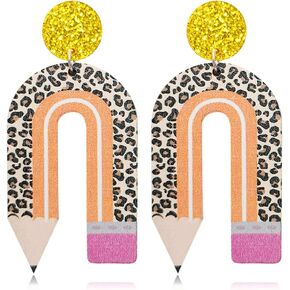 Creative Funny Teacher Earrings Wooden U-shaped Leopard Pencil Dangle Drop Earring for Teachers Creative Cute Teachers Appreciation Day Jewelry Gifts for Women Girl